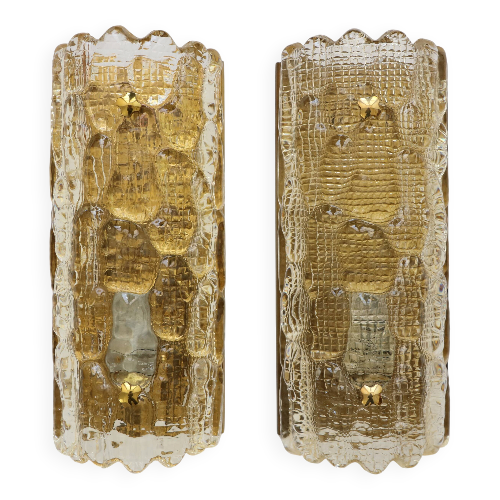 Pair of glass and brass wall lights by Carl Fagerlund for Orrefors, 1960.