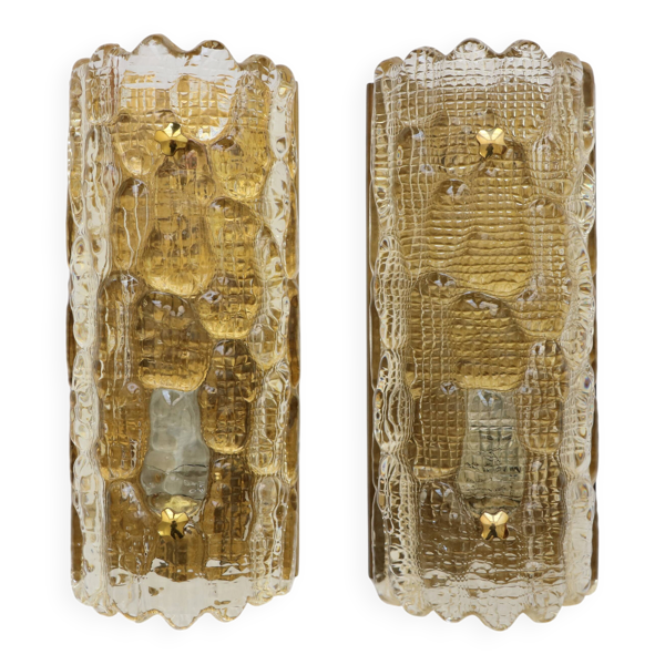 Paire d'appliques en verre et laiton par Carl Fagerlund pour Orrefors, 1960