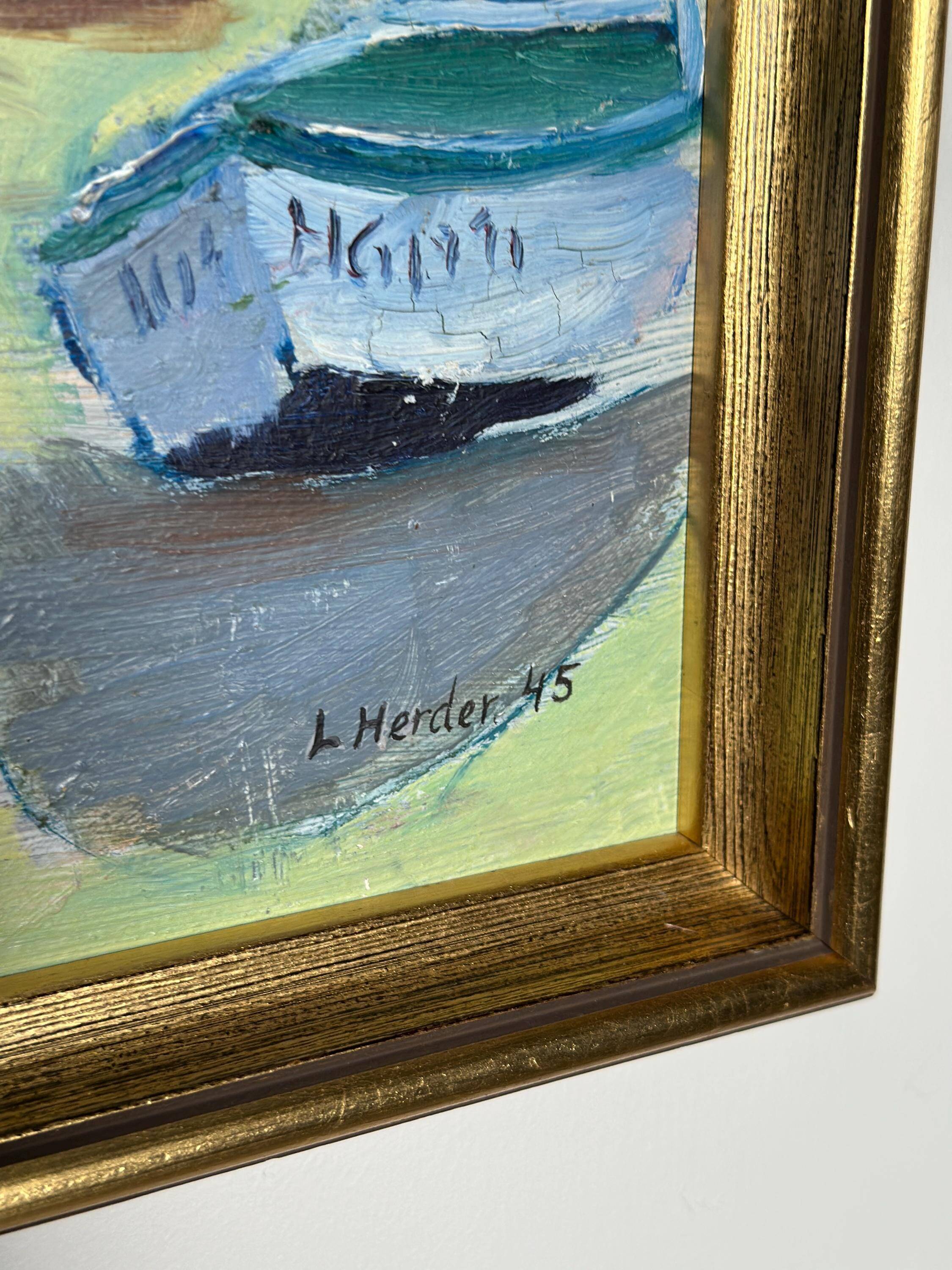 Original Mid Century Swedish Oil On Panel – “Harbor” By Lars Herder – Dated 1945 – Vintage & Framed – 45 × 37 Cm (17.7" × 14.6")
