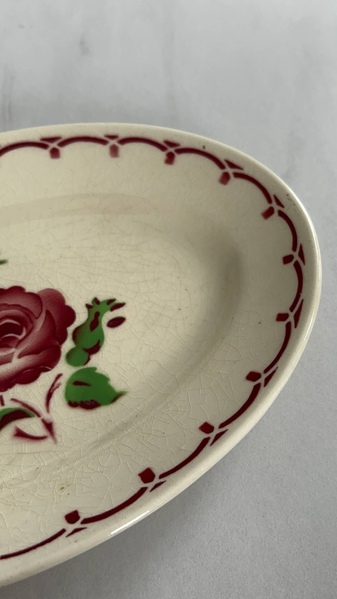 Oval Ravier Badonviller in vintage earthenware, vintage pink red dish.