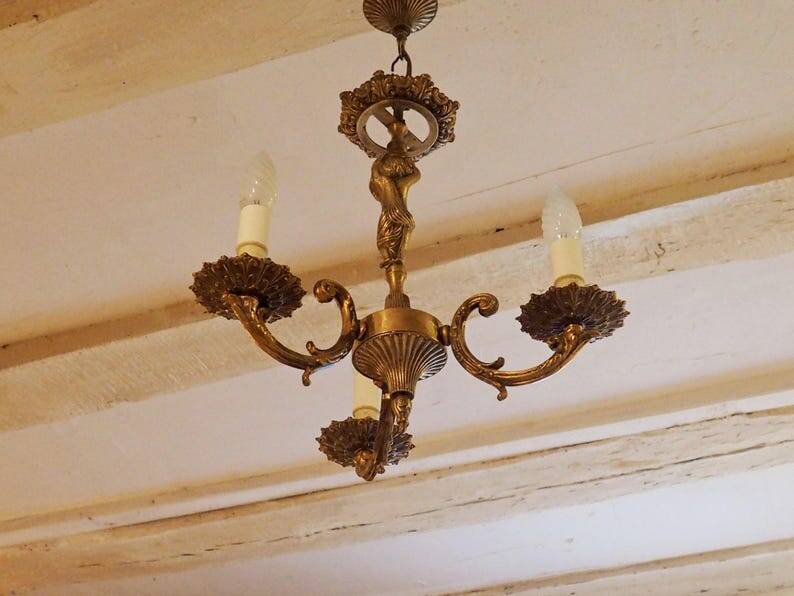 Vintage Italian bronze brass three-branch female figurine chandelier c. 1950s