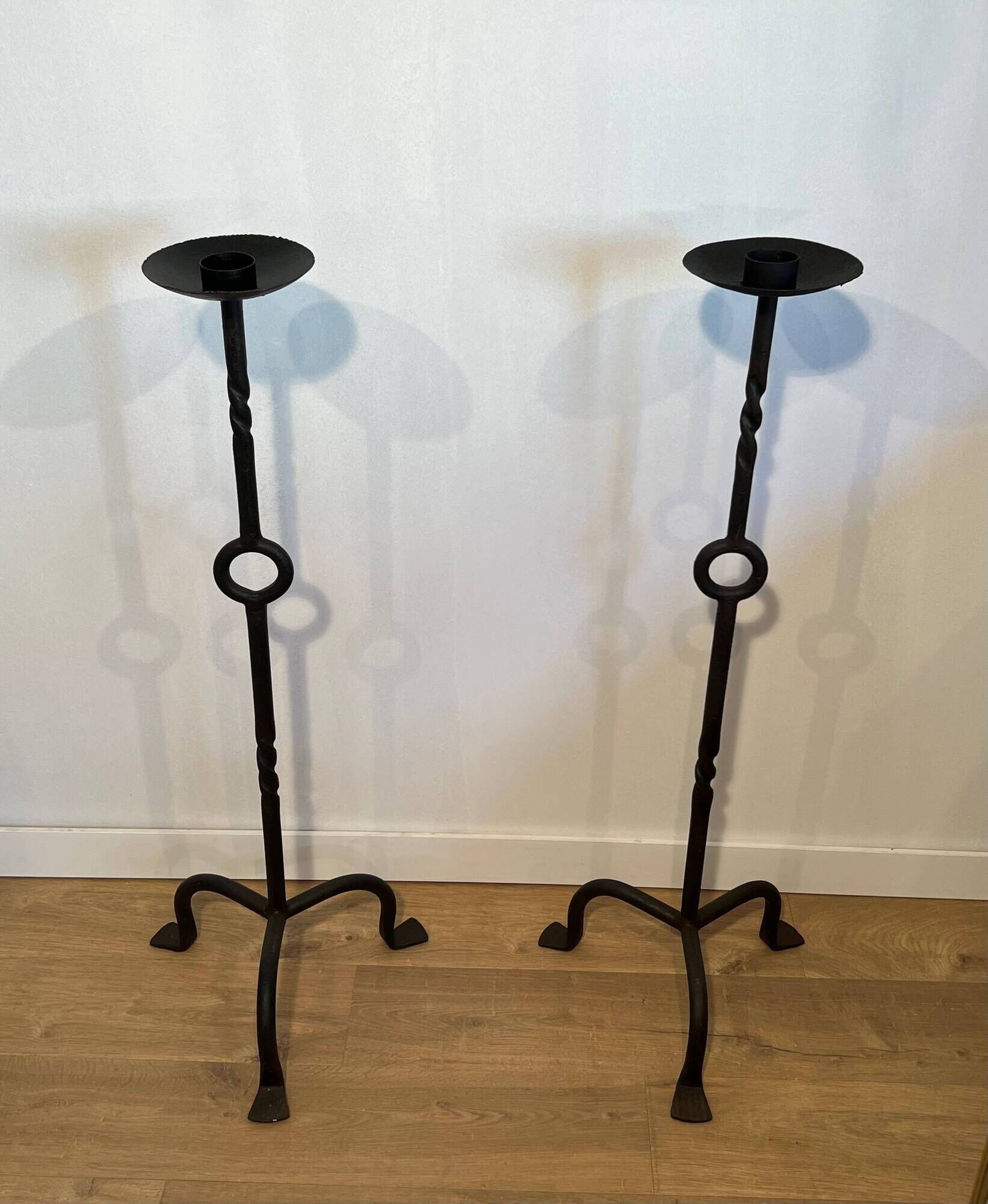 Pair of Iron Forged Candle Holders on a Stand with a Twisted Shaft and Ring. Work
