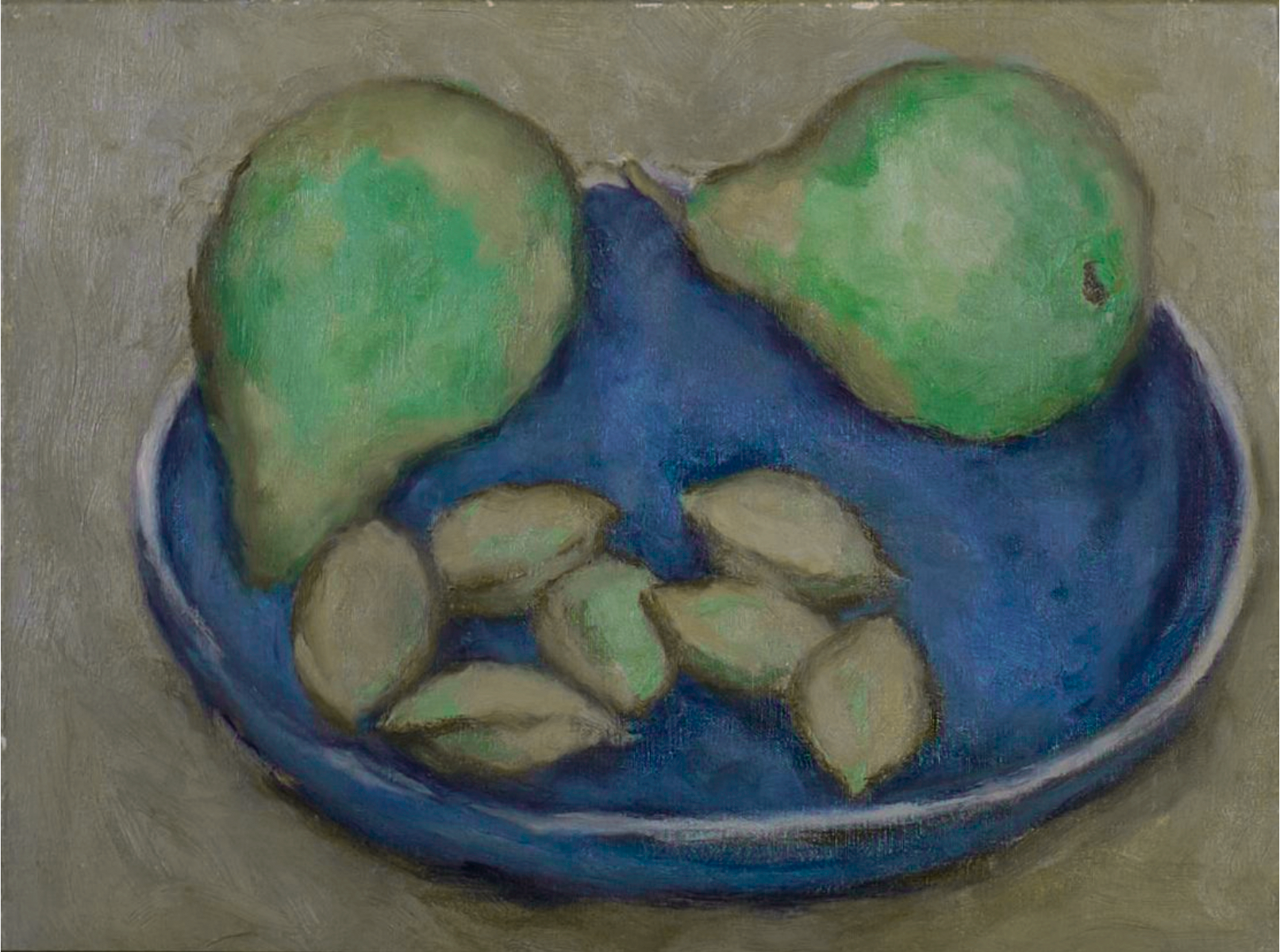 Almonds, green pears and blue plate by Deborah Hanson Murphy