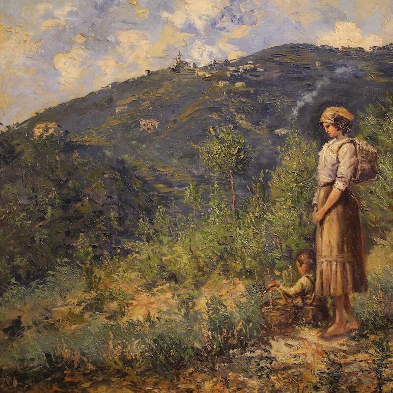 Italian landscape with figure painting signed and dated 1914