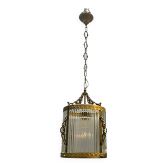 Vintage Brass Curved Ribbed Glass Light Pendant 1950’s