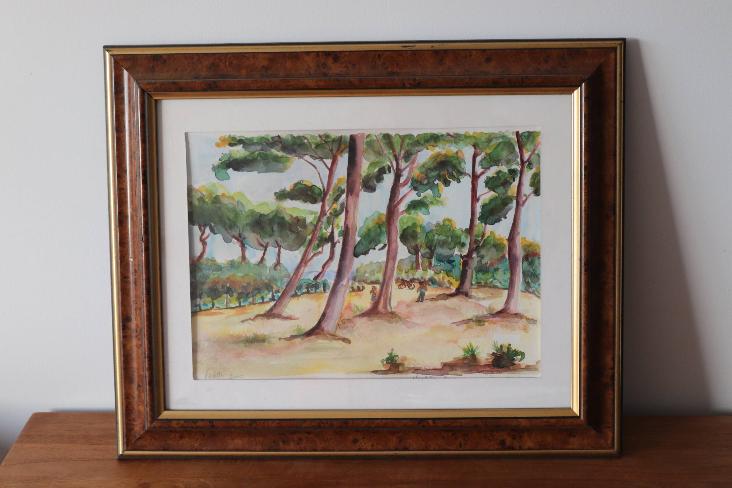 Watercolor painting Landscape pine forest and bicycles