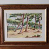 Watercolor painting Landscape pine forest and bicycles