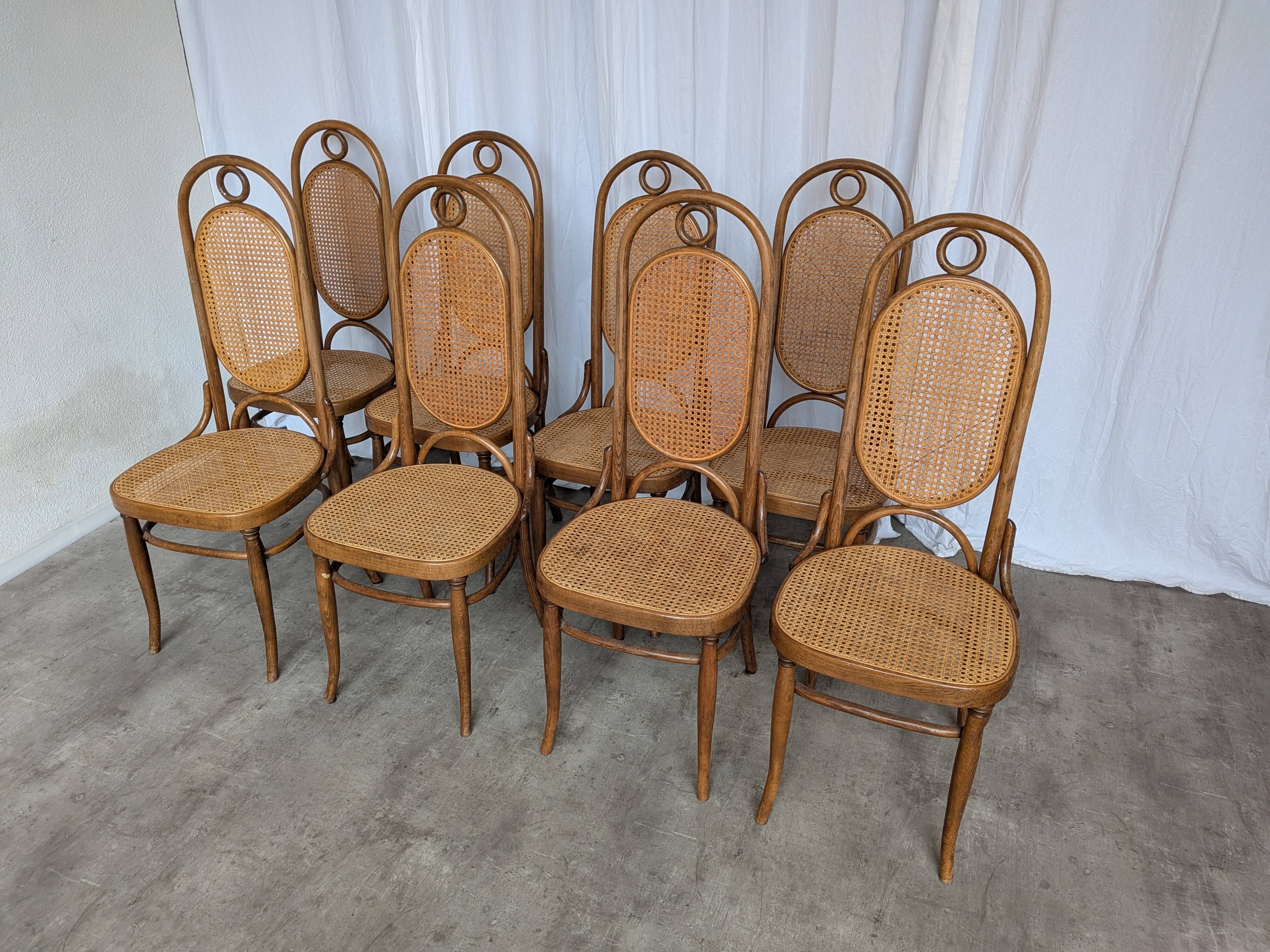Set of 8 Vintage Bentwood Cane Dining Chair, Thonet Style, 1970s Yugoslavia
