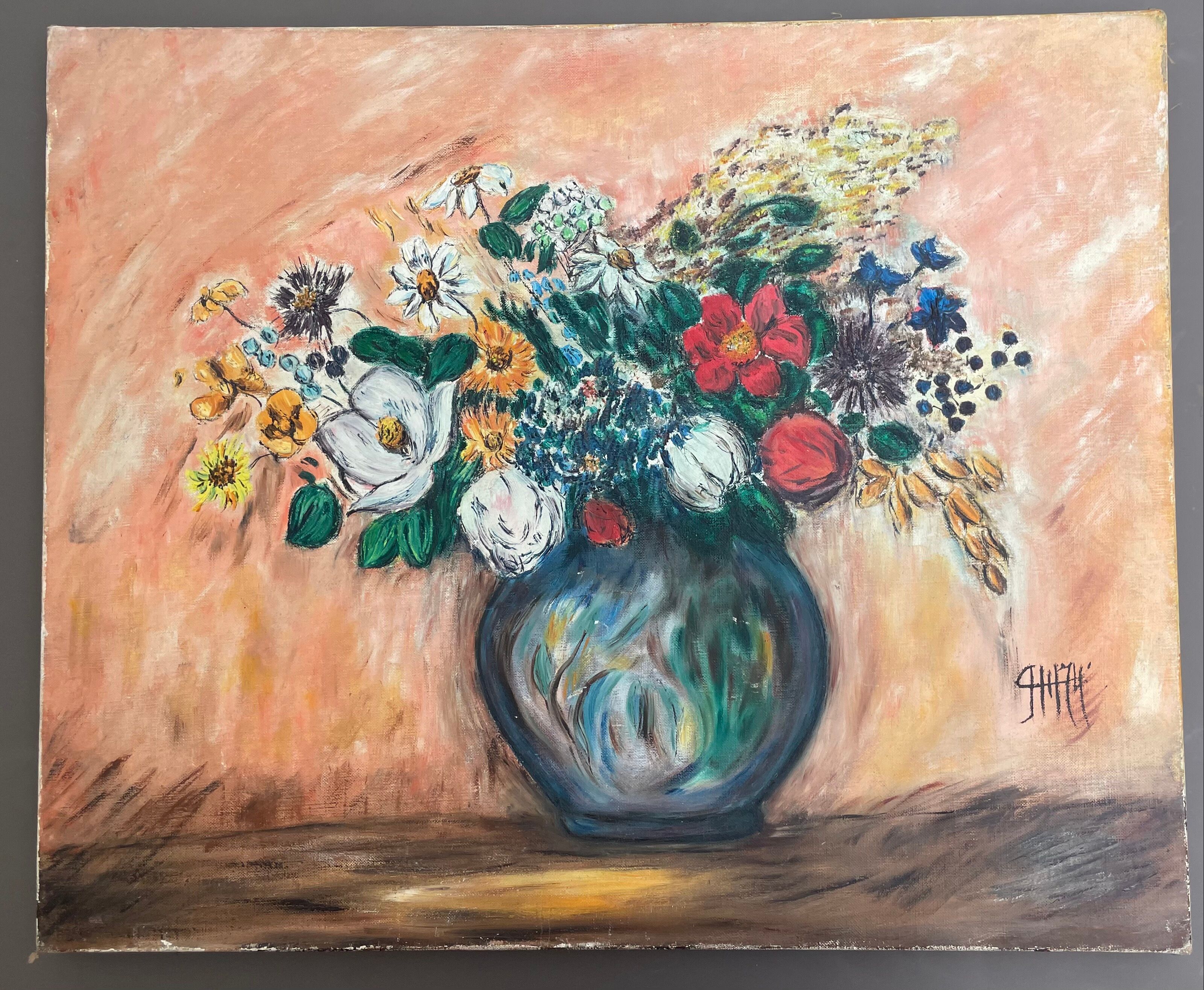 Table painting old still life with flowers