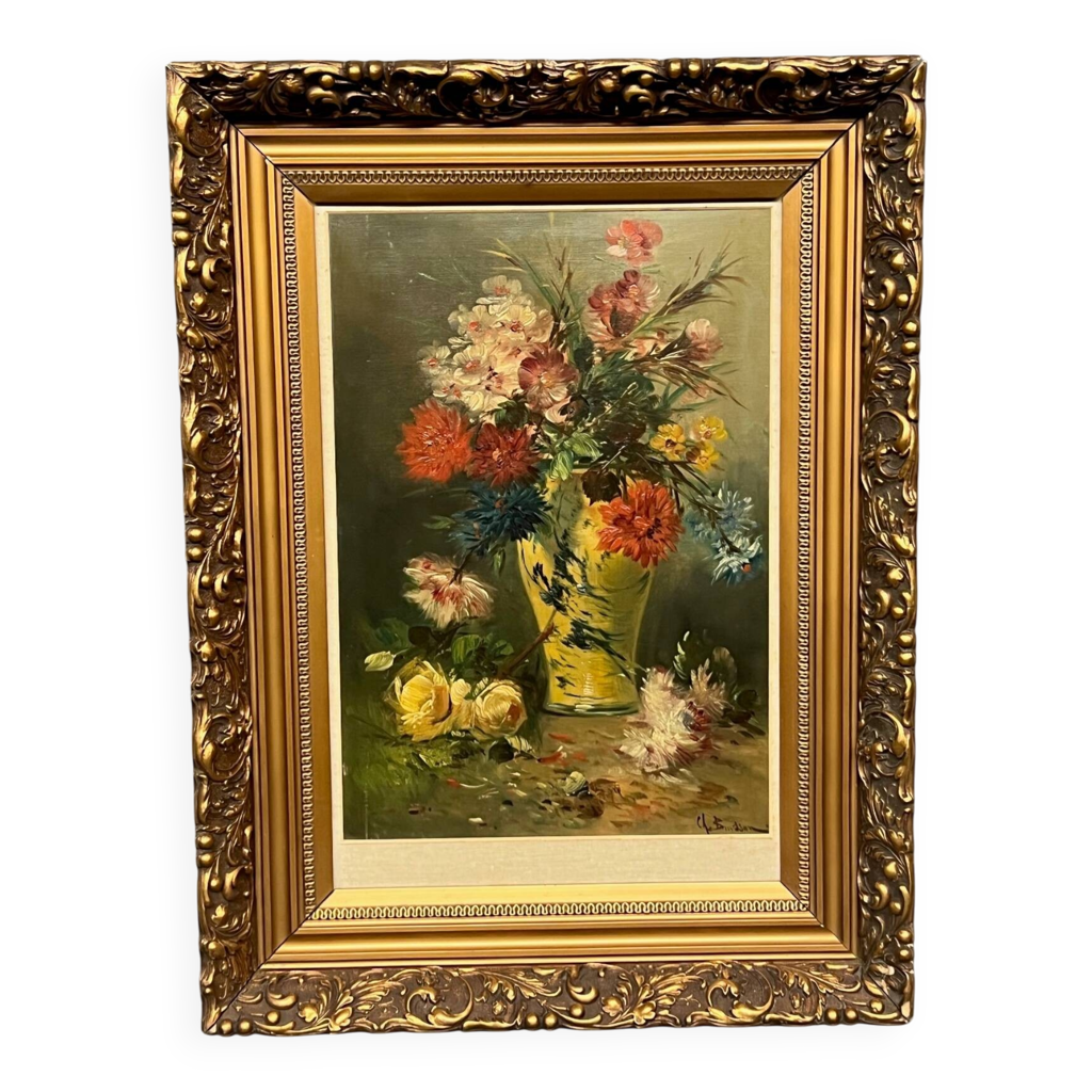 Nature morte aux fleurs. Huile sur toile. Signature de l'artiste.