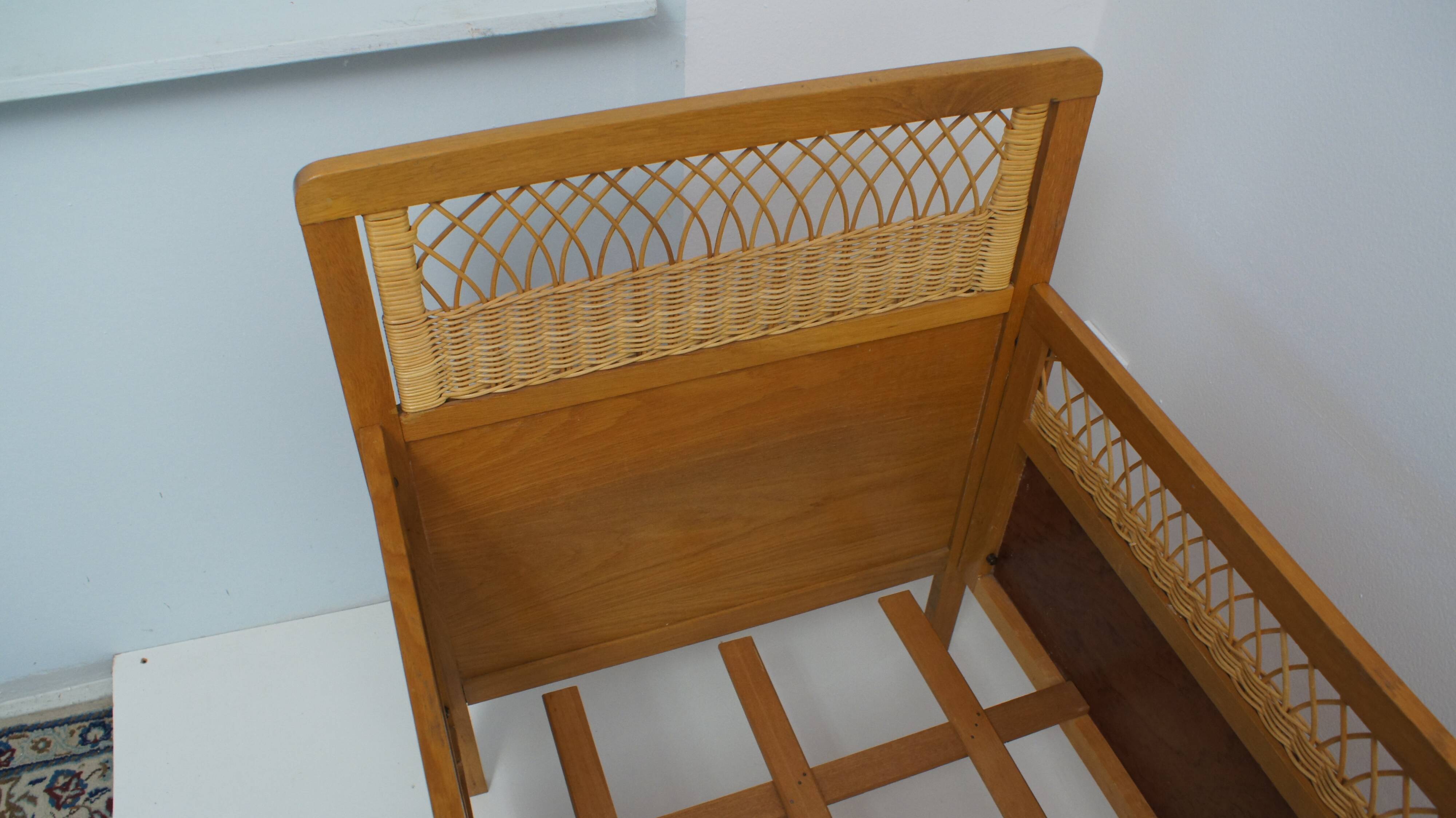 1960s oak and wicker baby bed