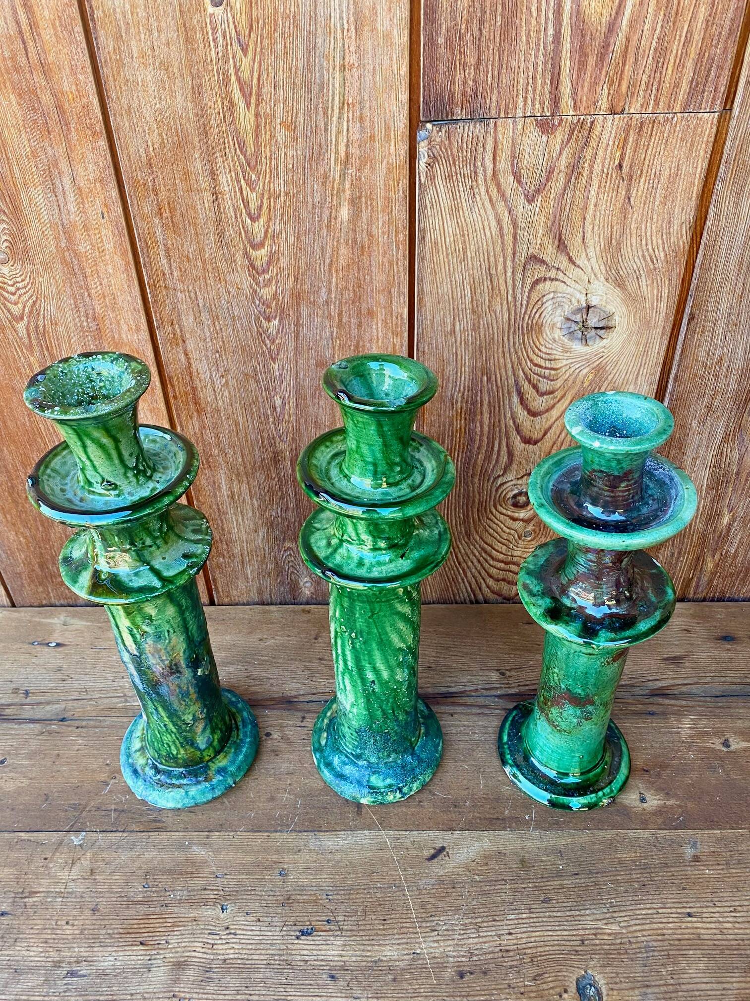 3 Tamegroute candle holders in green glazed ceramic from Morocco.