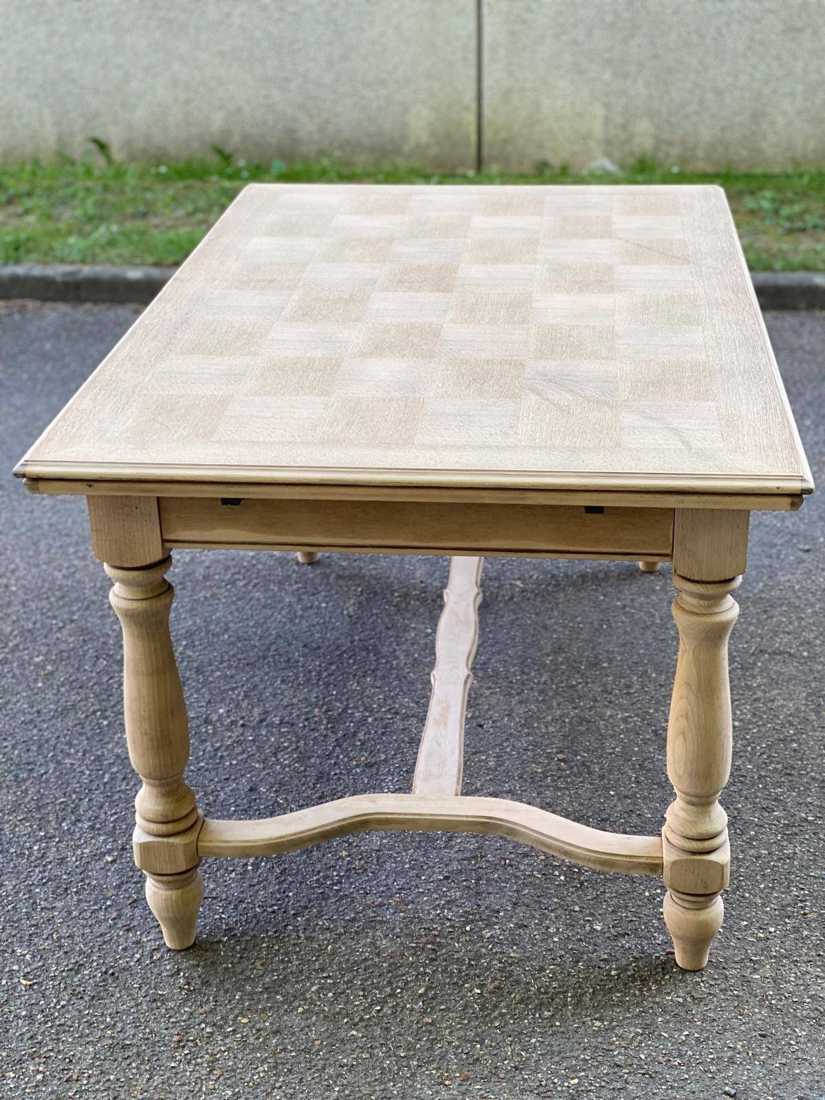 Extendable rectangular farmhouse table renovated oak and marquetry 255cm