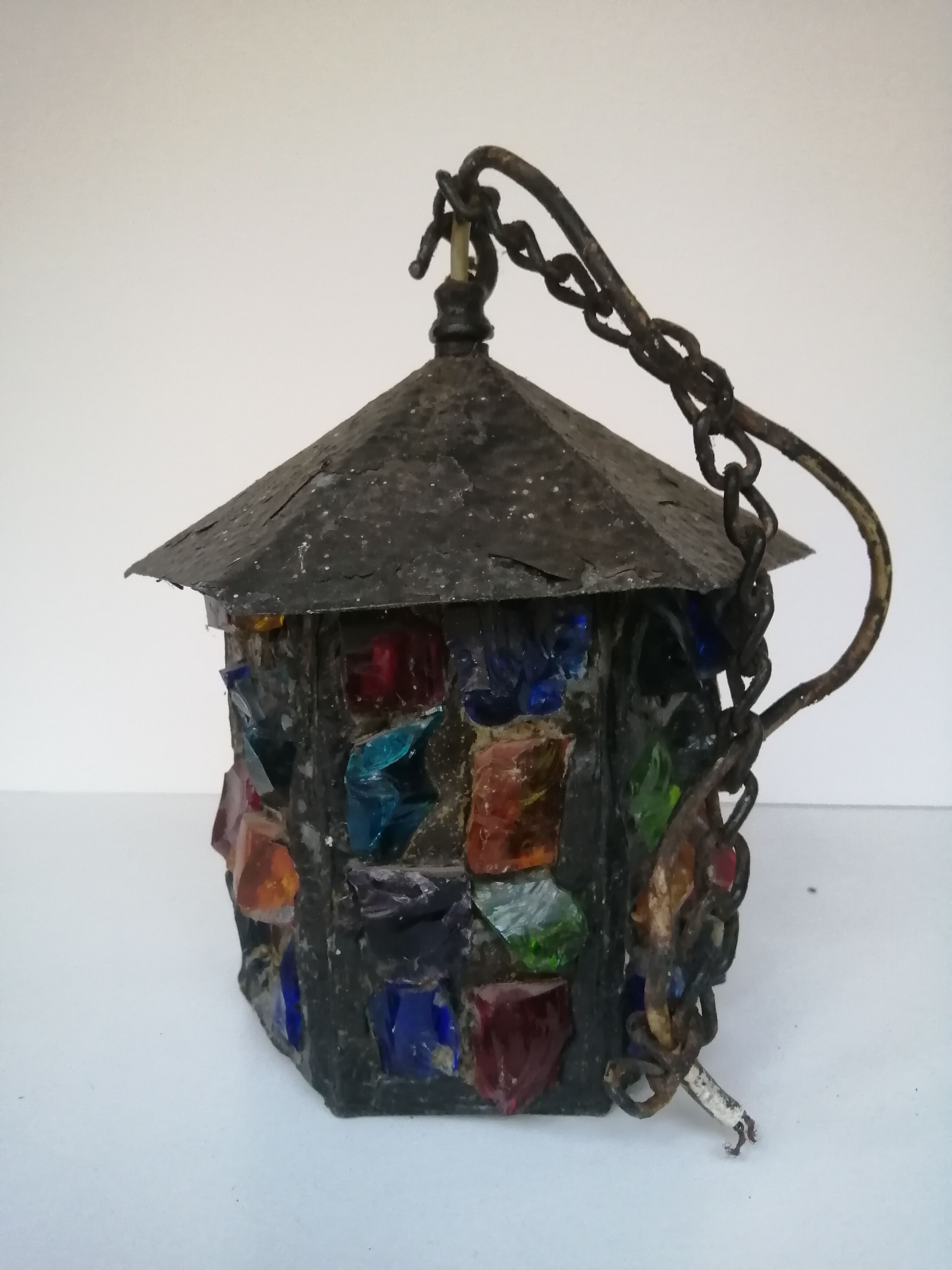 Peter Marsh porch lantern, colored glass, lead and Hammered Sheet metal, 1950s Arts & Crafts