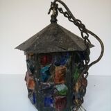 Peter Marsh porch lantern, colored glass, lead and Hammered Sheet metal, 1950s Arts & Crafts
