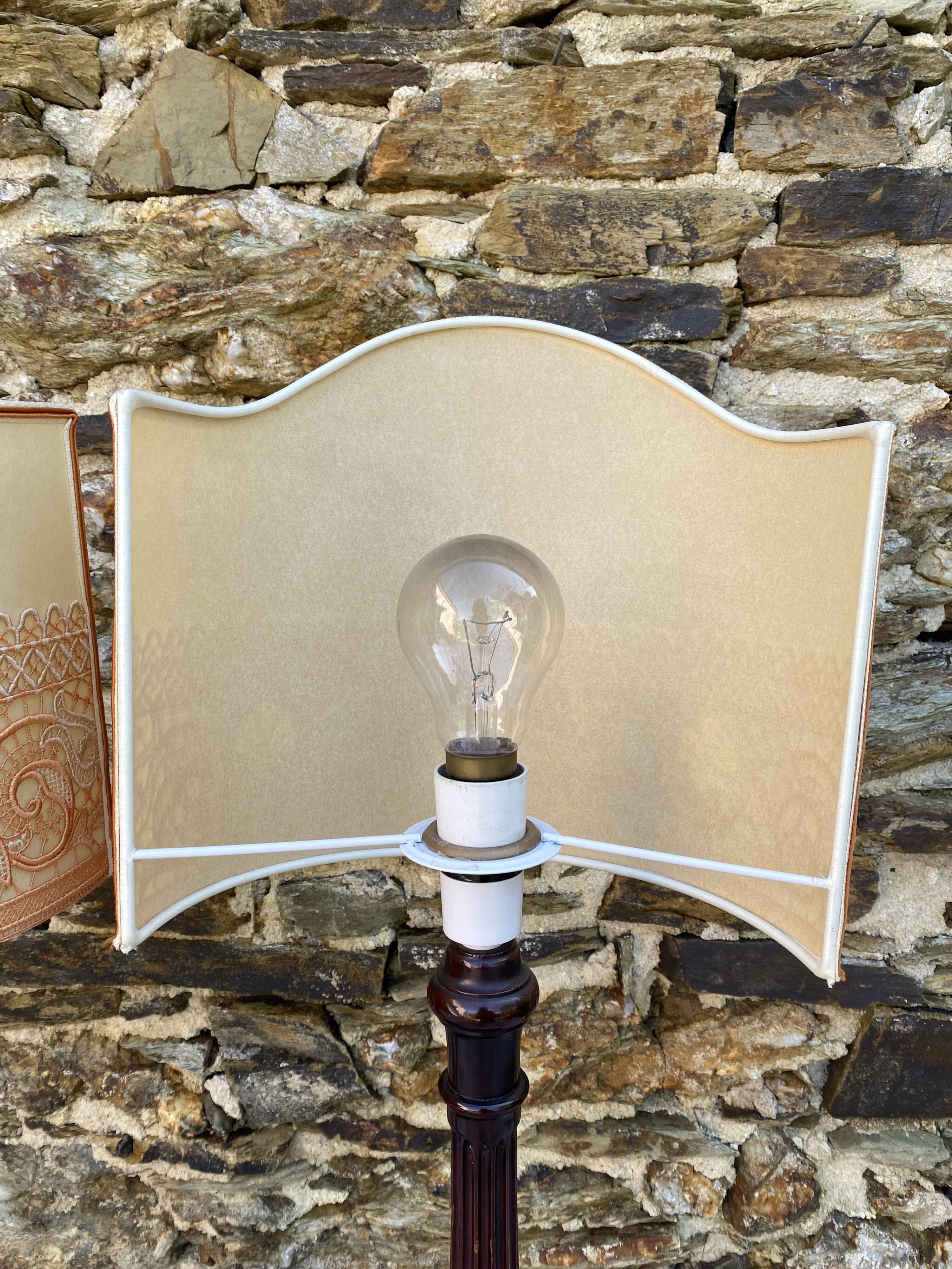 Pair of large retro lamps with wooden column base 72 cm