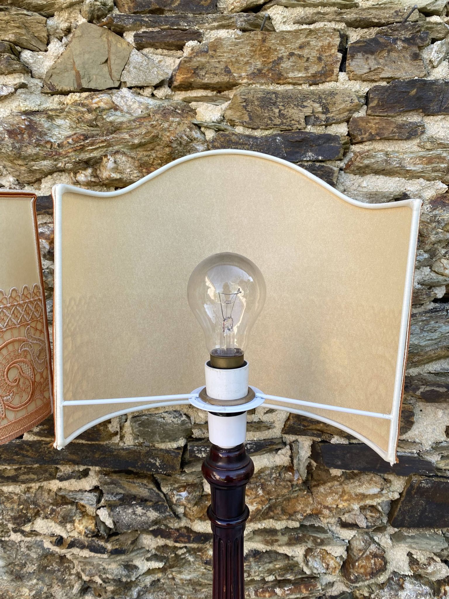 Pair of large retro lamps with wooden column base 72 cm