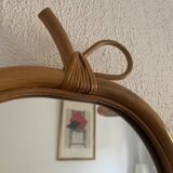 Miroir vintage 1960 pomme rotin osier bambou - 32 x 35 cm
