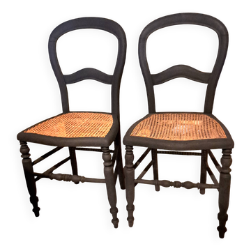 Paire de 2 chaises assise cannage en bois coloris noir 1940