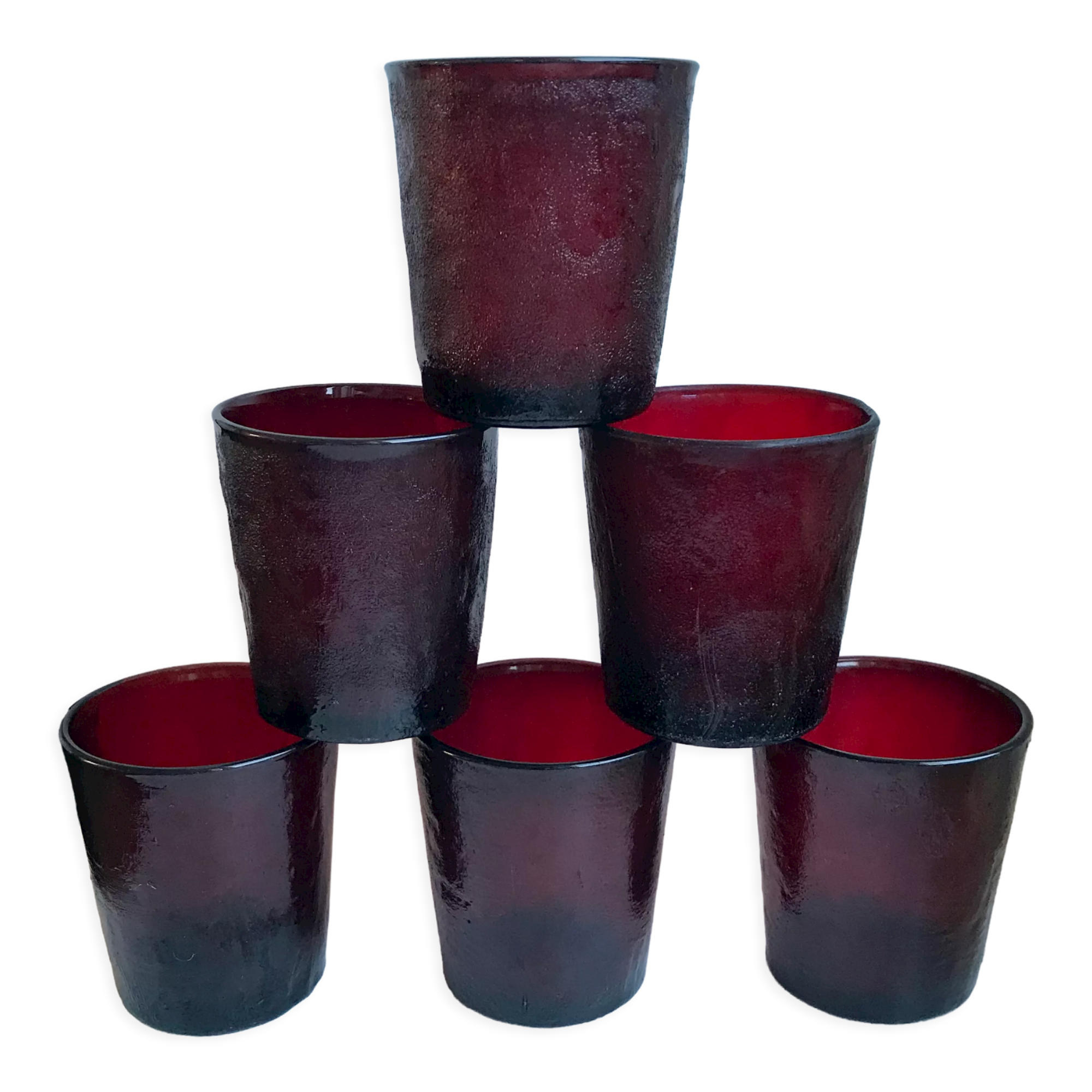 Set of 6 burgundy colored glass glasses 70s
