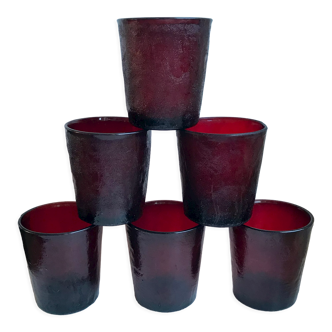 Set of 6 burgundy colored glass glasses 70s