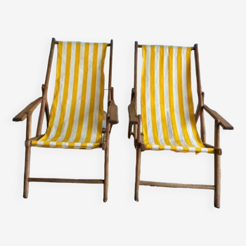 Ensemble de 2 transats/chaises de plage pliantes vintage