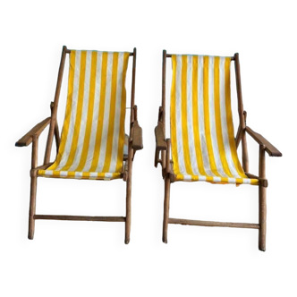 Ensemble de 2 transats/chaises de plage pliantes vintage