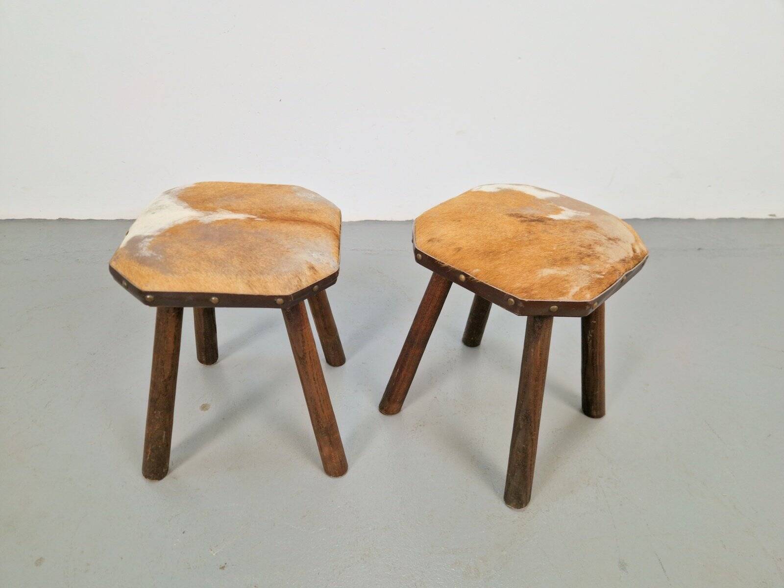 Vintage Milk Stools with Cowhide, 1950s, Set of 2