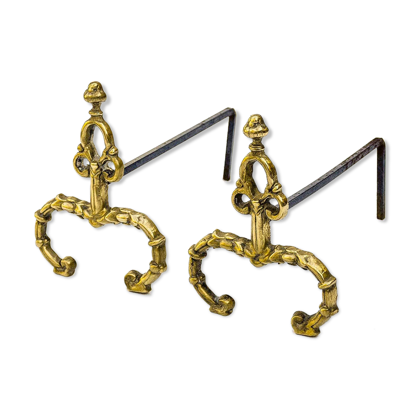 Pair of gilded bronze chenets Louis XV antique fireplace accessory