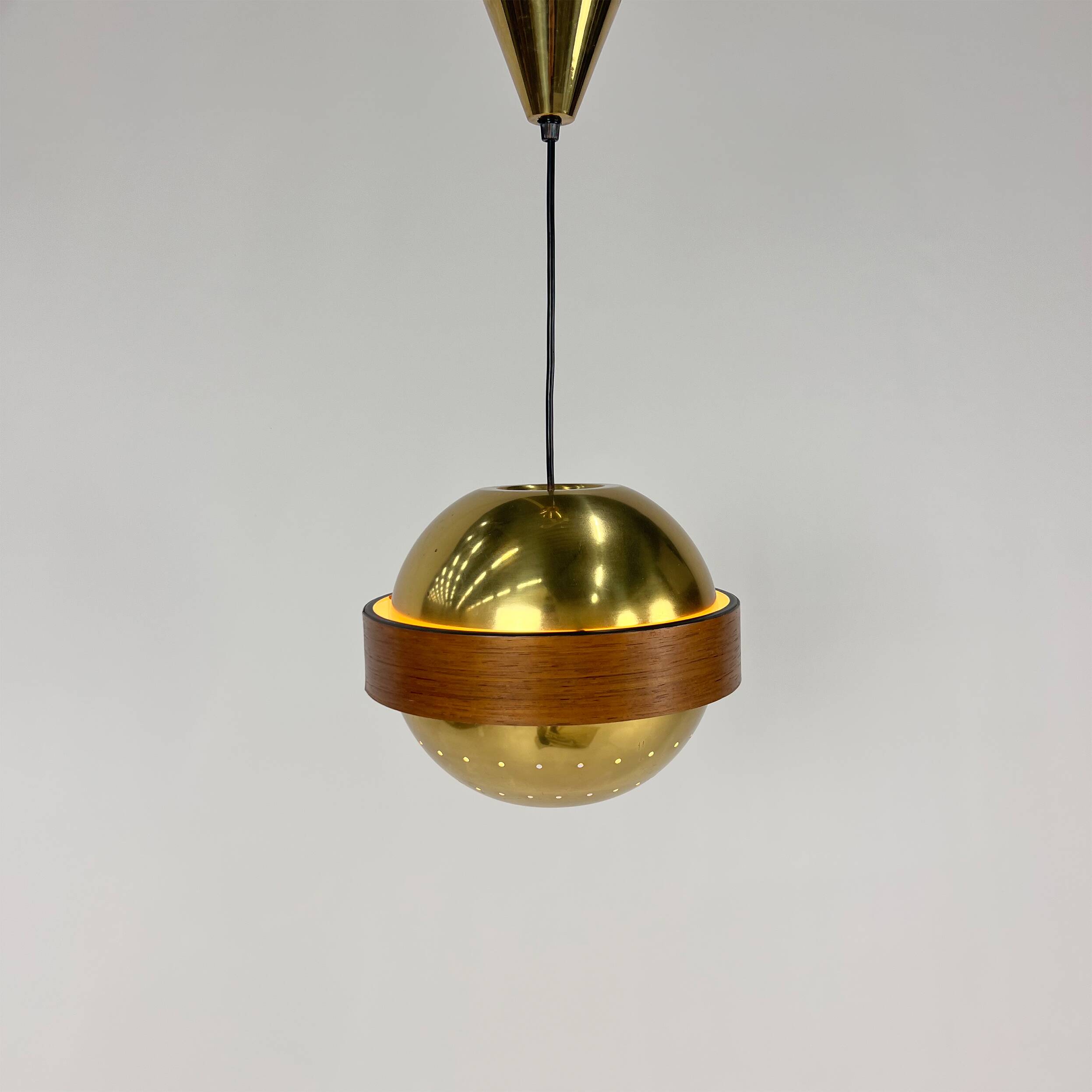Mid Century Scandinavian Brass and Teak Pendant, 1960s