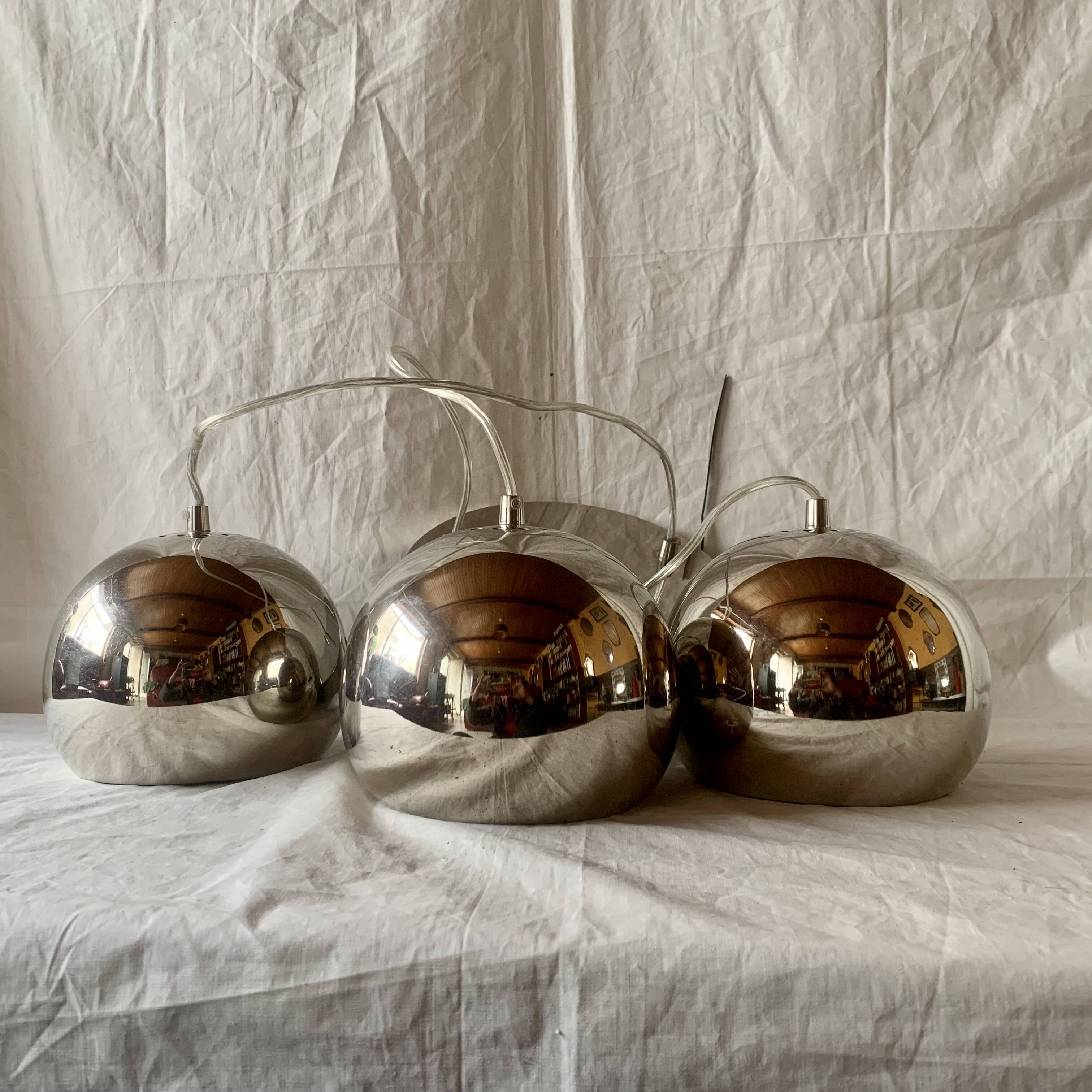 Space Age waterfall pendant light with 3 globes in chrome metal