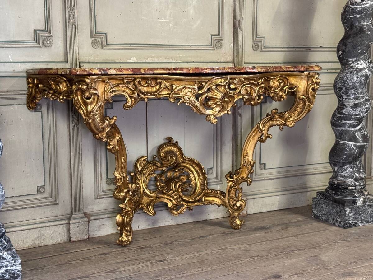 Important Louis XV Console in Carved and Gilded Wood, Breccia d'Aleppo Marble,