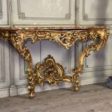 Importante Console Louis XV En Bois Sculpté Et Doré, Marbre Brèche D’alep,