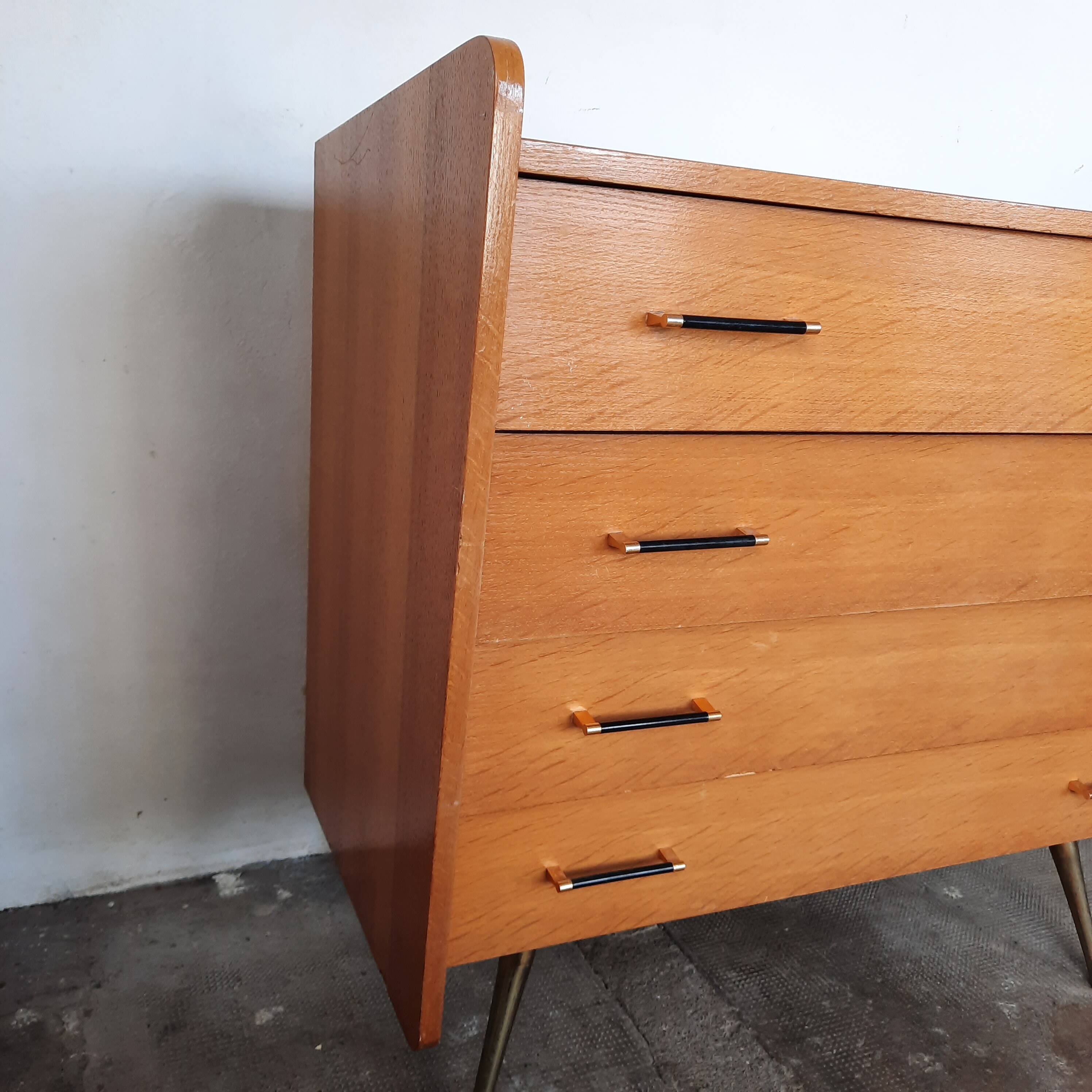Vintage light oak chest of drawers, brass base