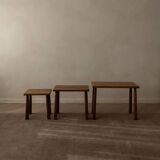 Vintage Oak Nesting Tables (Set of 3) – Rustic Modernist Side Tables, 1970s