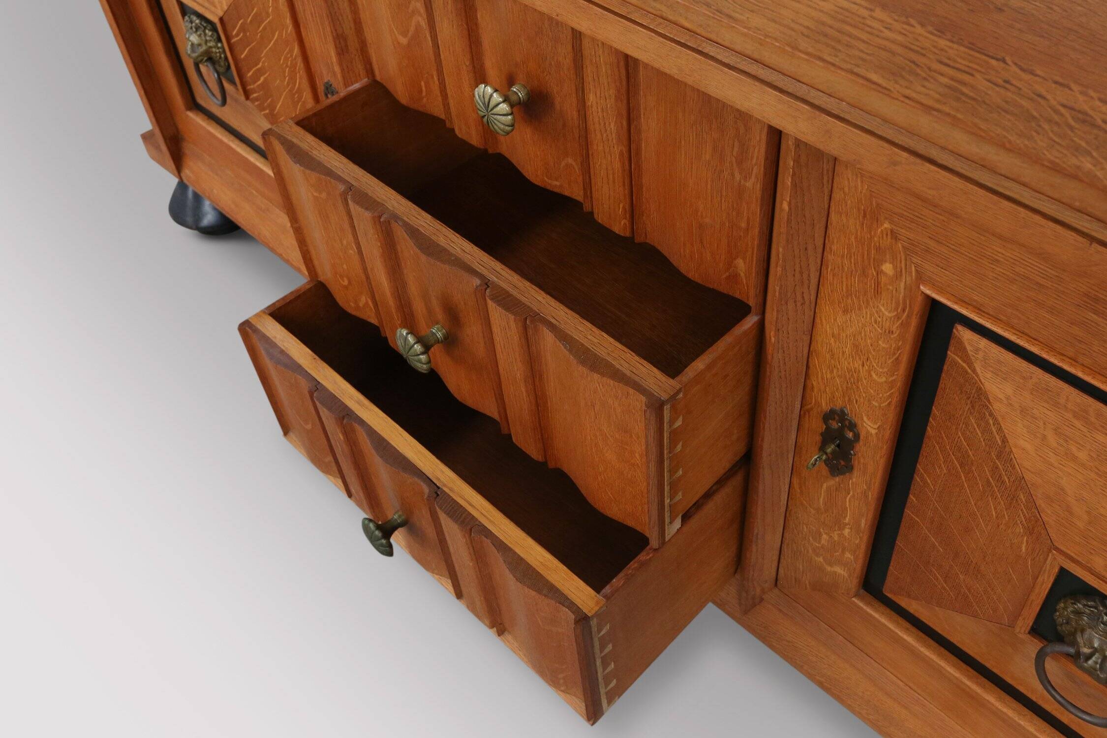 Art Deco brutalist Belgian Oak and Brass Sideboard, 1940s