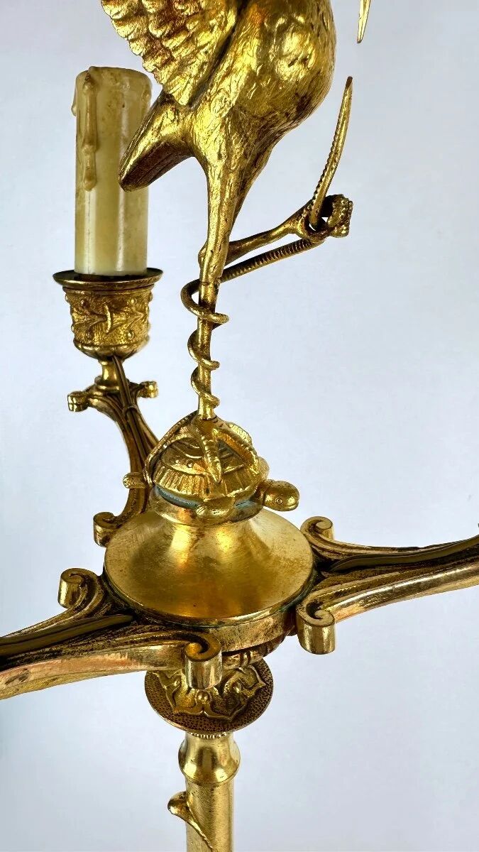 Pair of candelabra with a crane in gilded bronze, bamboo model.