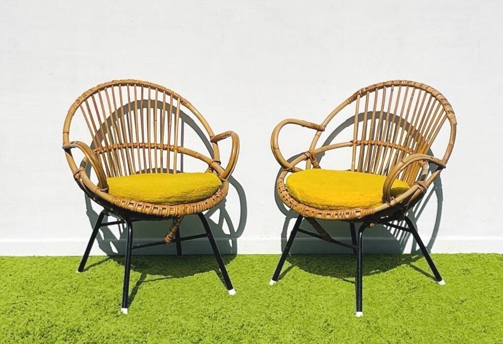 Pair of lounge rattan armchairs by D. Van Sliedregt / R. Noordwolde. Vintage