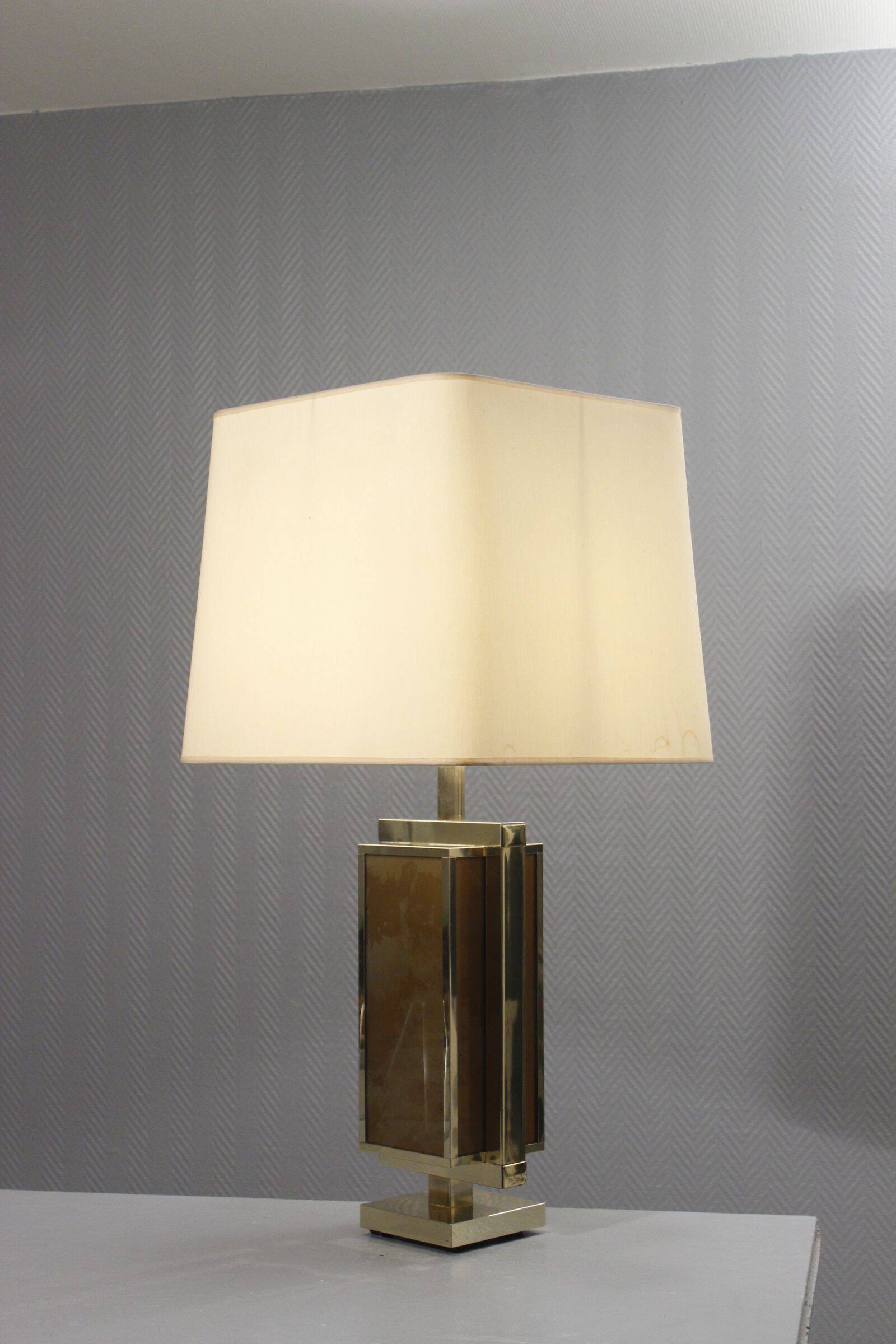 Philippe Cheverny large brass lamp with eglomisé glass, France 1970s