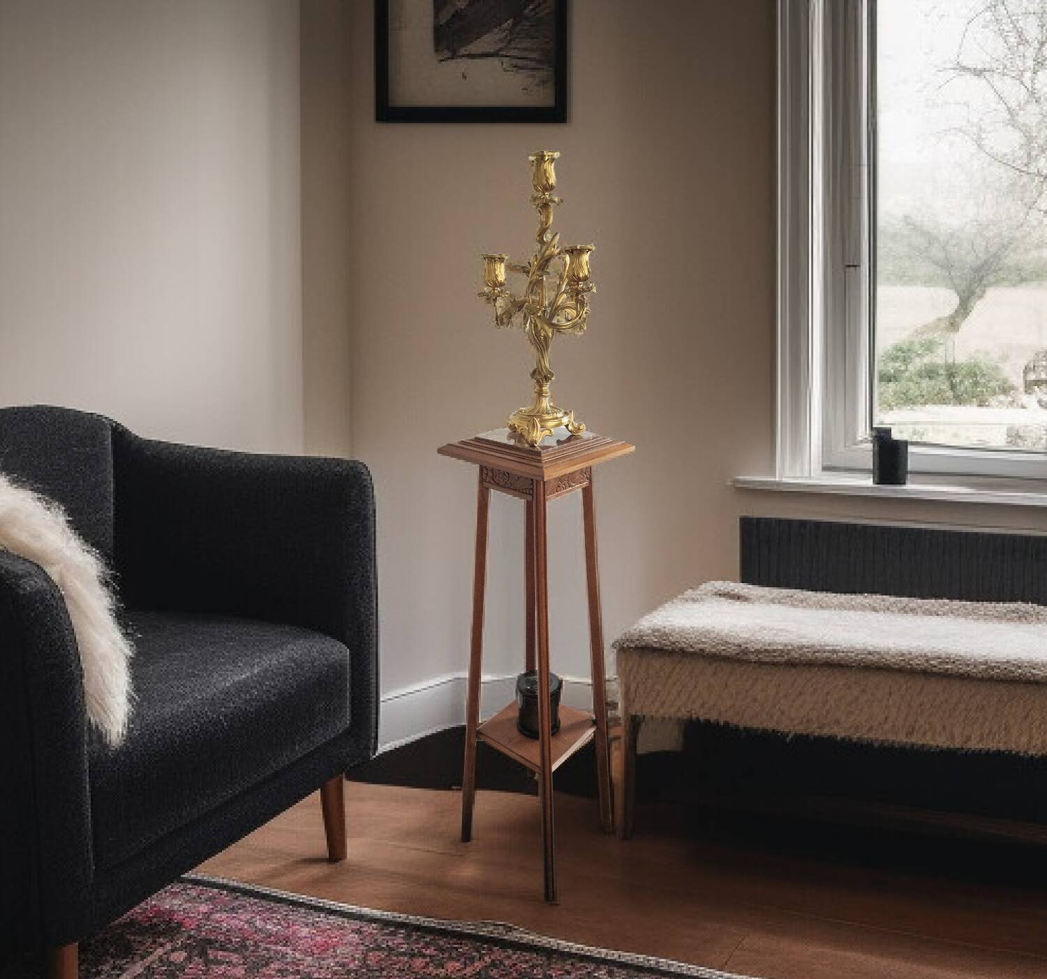 Art Deco sculpted pedestal in solid wood and marble – circa 1930