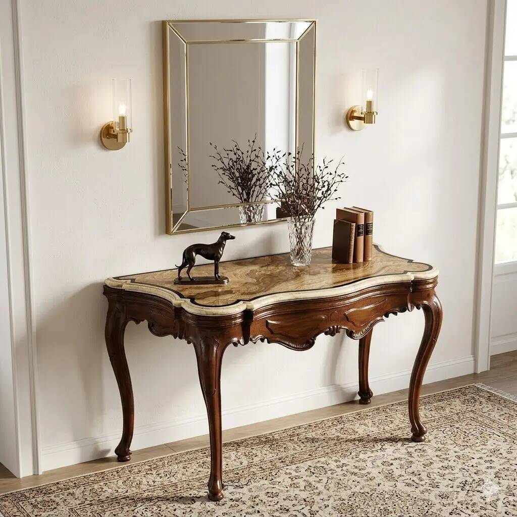 Baroque Venetian console in walnut, alabaster and marble, Italy 18th century.