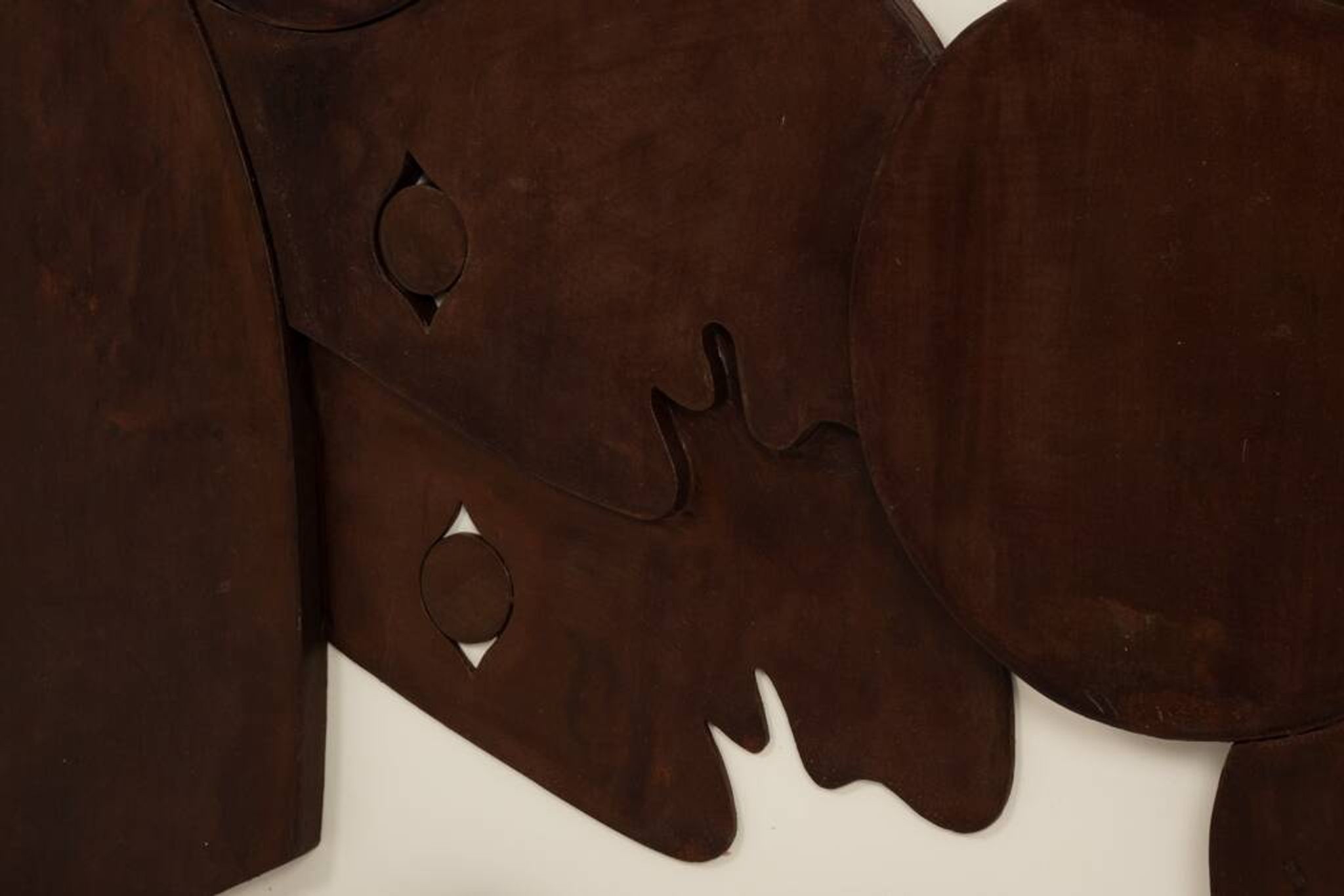 Relief panel "The Twins" in patinated wood. Contemporary.