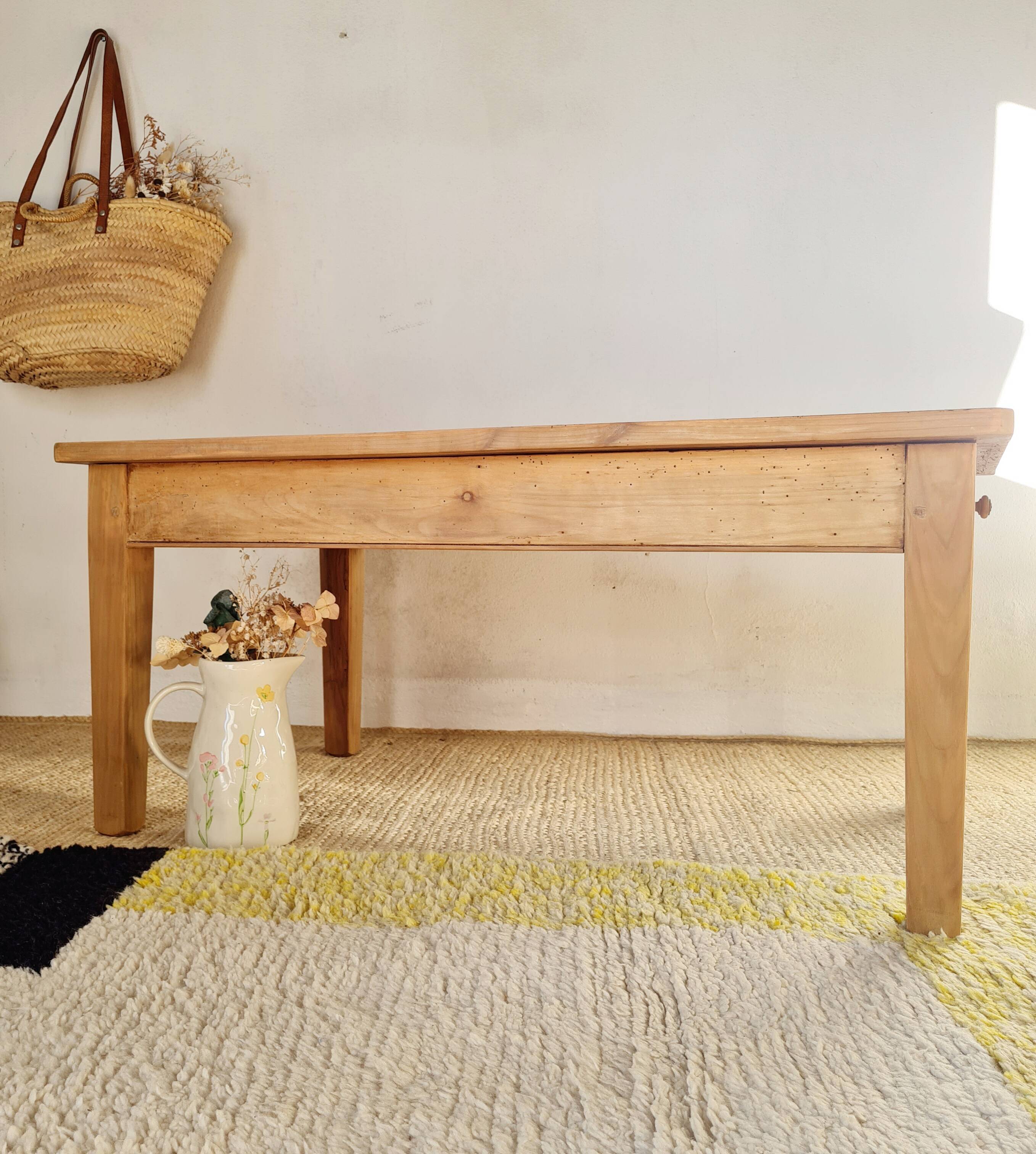 Antique wooden low farmhouse table and drawer