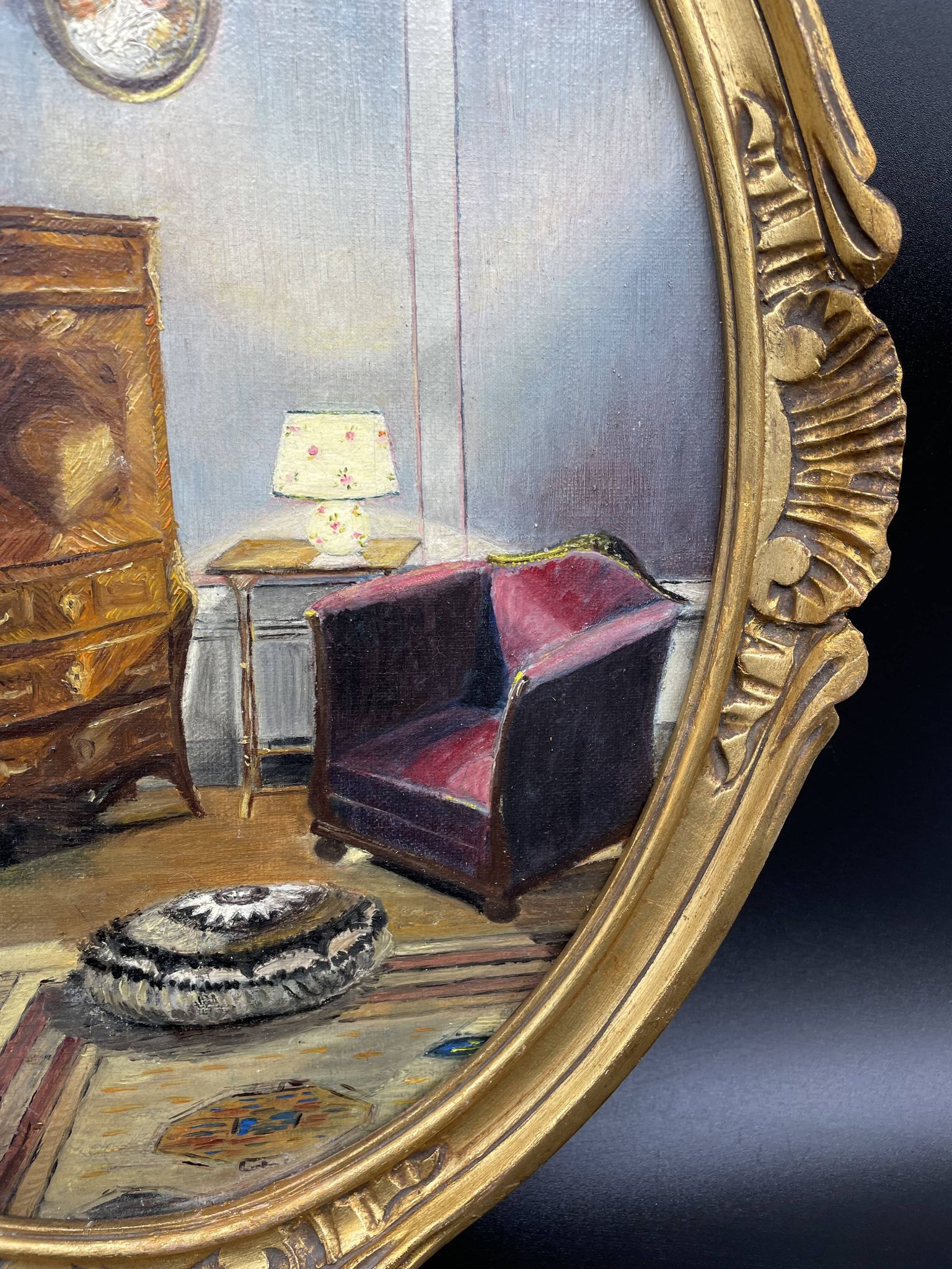 Ancient, Oil painting, interior scene, signed, wood frame, gilded, painting, French painter