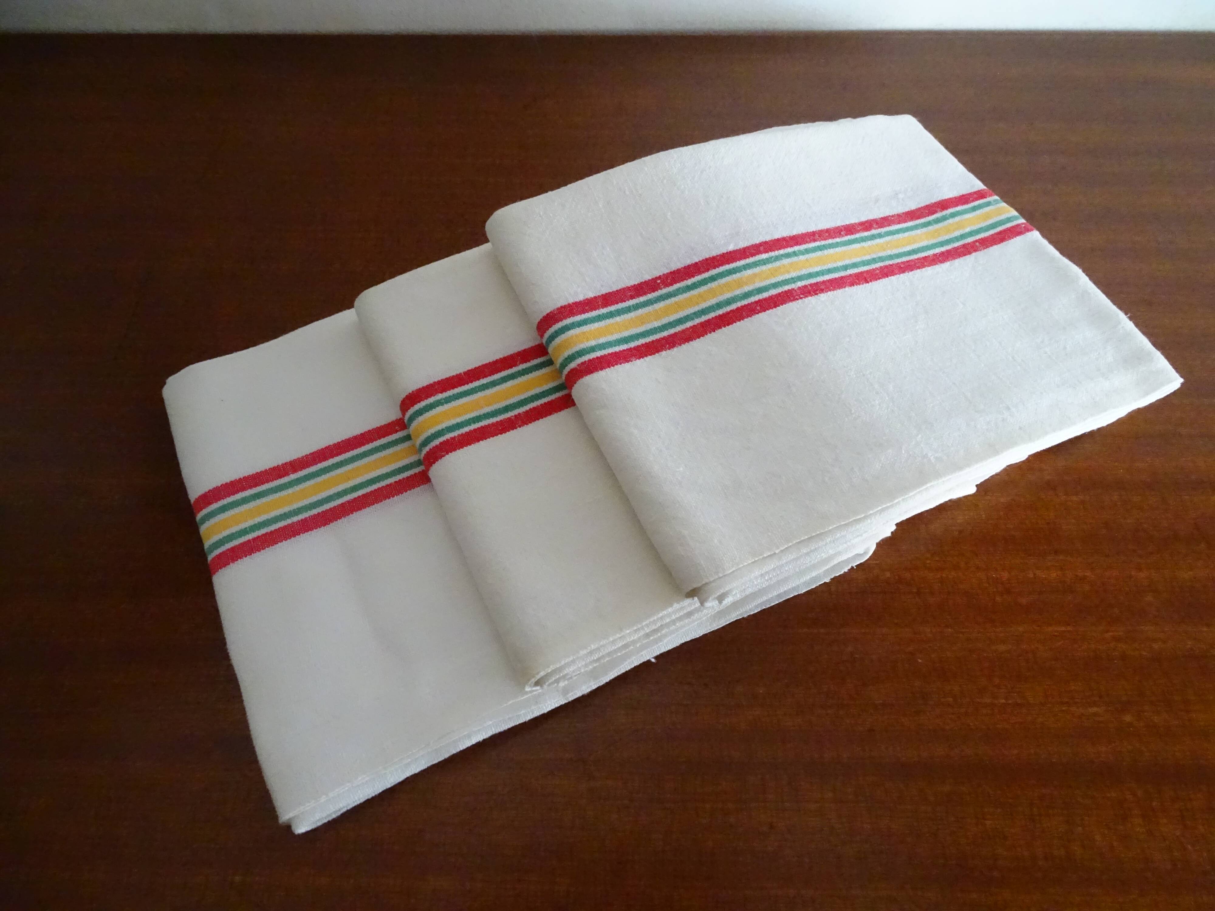 3 old linen cotton tea towels with vintage bedding