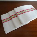 3 old linen cotton tea towels with vintage bedding