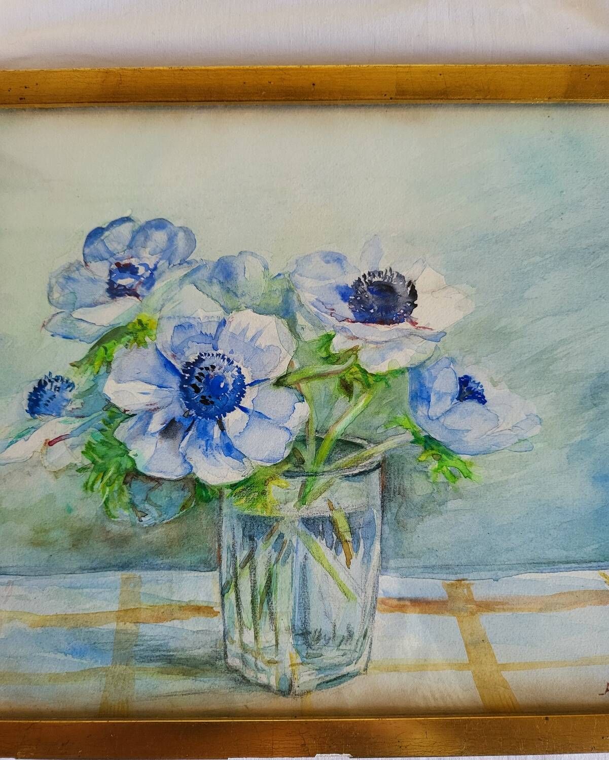 20th-century watercolor painting signed Carré-Tison, Bouquet of blue flowers