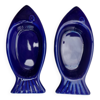Set of 2 ceramic fish ramekins, cobalt blue