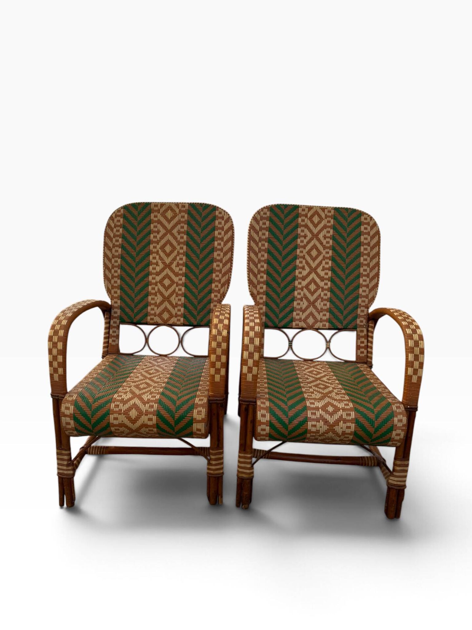 Fauteuils en rotin éclissé style Audoux Minet des années 50 F