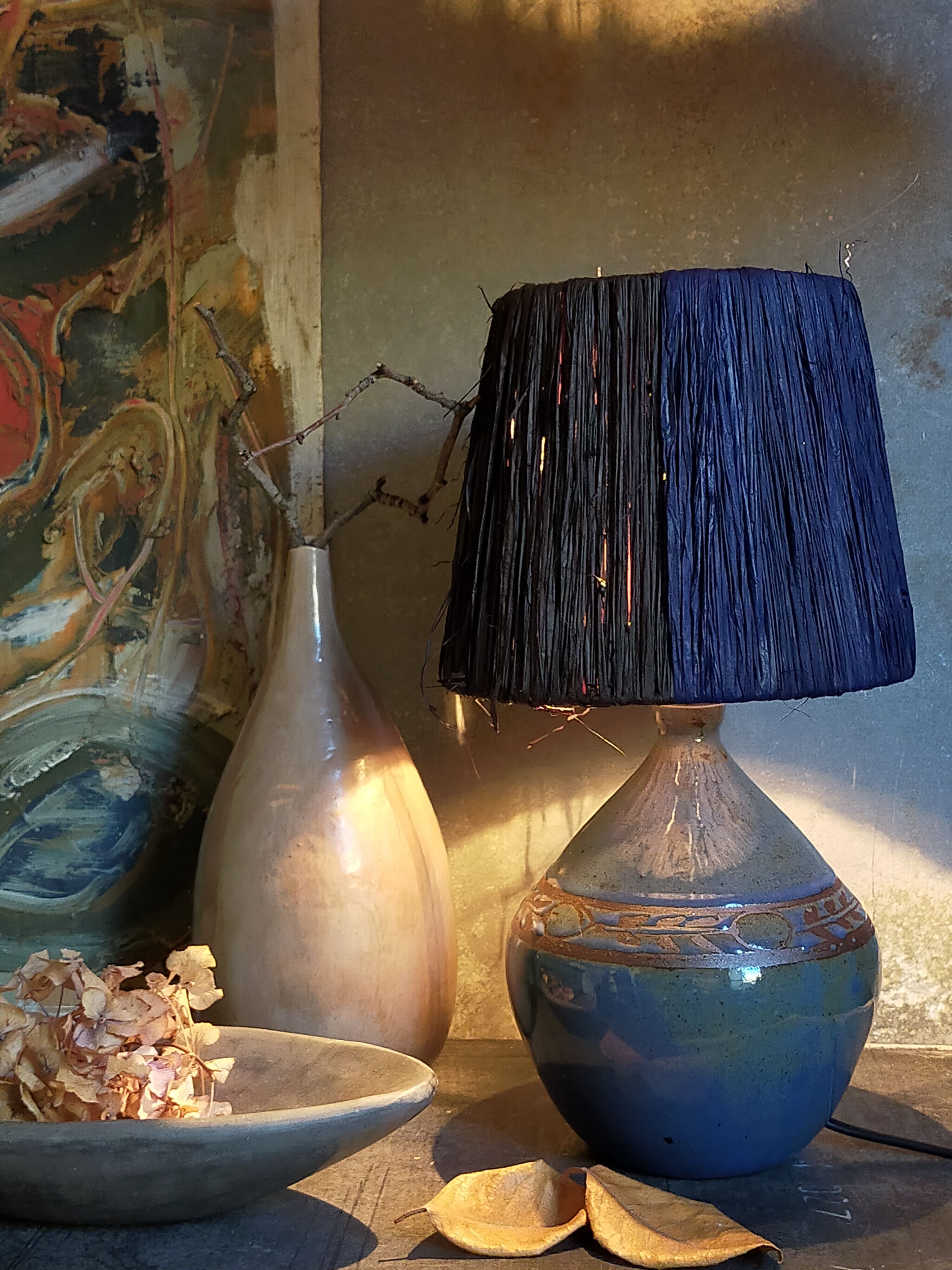 Vintage potter's ceramic table lamp, raffia lampshade
